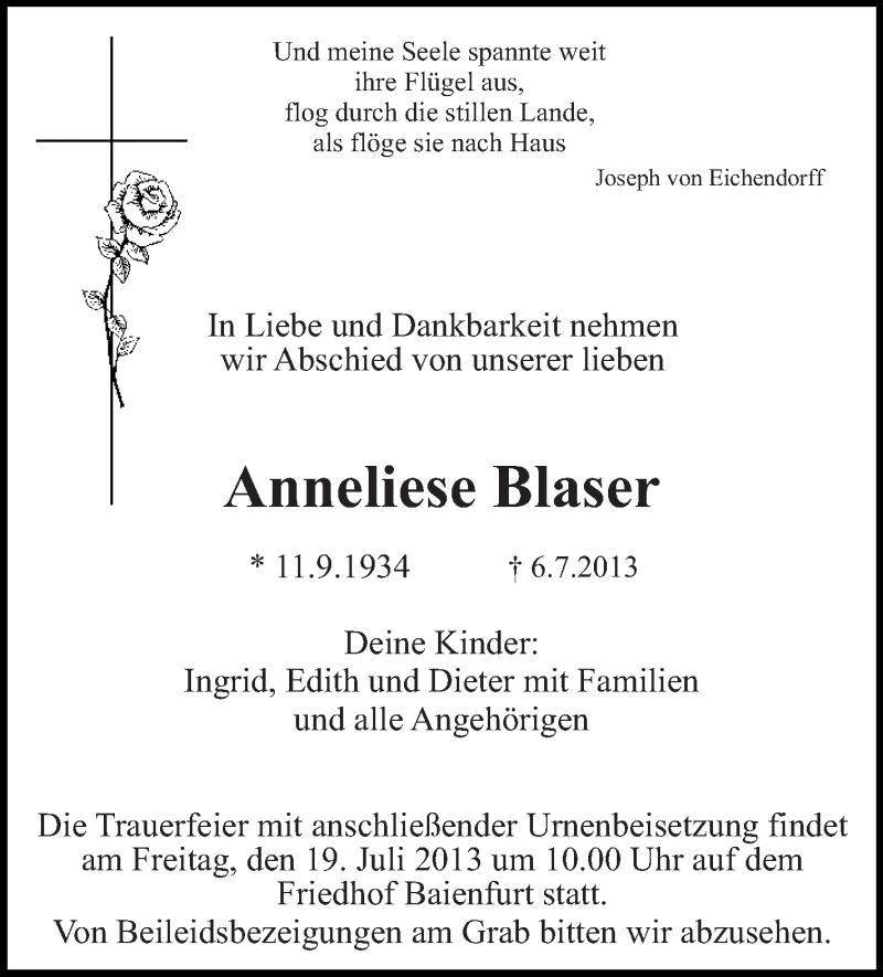  Traueranzeige für Anneliese Blaser vom 17.07.2013 aus Schwäbische Zeitung