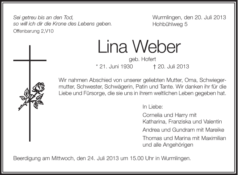  Traueranzeige für Lina Weber vom 23.07.2013 aus Schwäbische Zeitung
