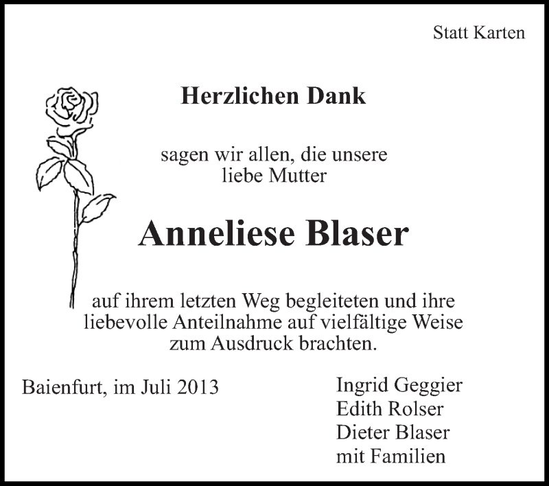  Traueranzeige für Anneliese Blaser vom 27.07.2013 aus Schwäbische Zeitung