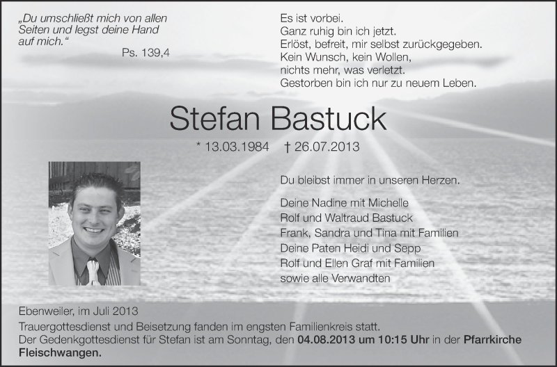 Traueranzeige für Stefan Bastuck vom 02.08.2013 aus Schwäbische Zeitung
