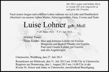 Anzeige von Luise Lohner von Schwäbische Zeitung