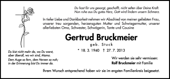 Anzeige von Gertrud Bruckmeier von Schwäbische Zeitung