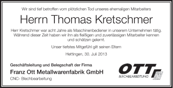 Anzeige von Thomas Kretschmer von Schwäbische Zeitung
