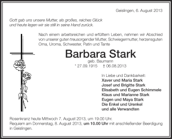 Anzeige von Barbara Stark von Schwäbische Zeitung