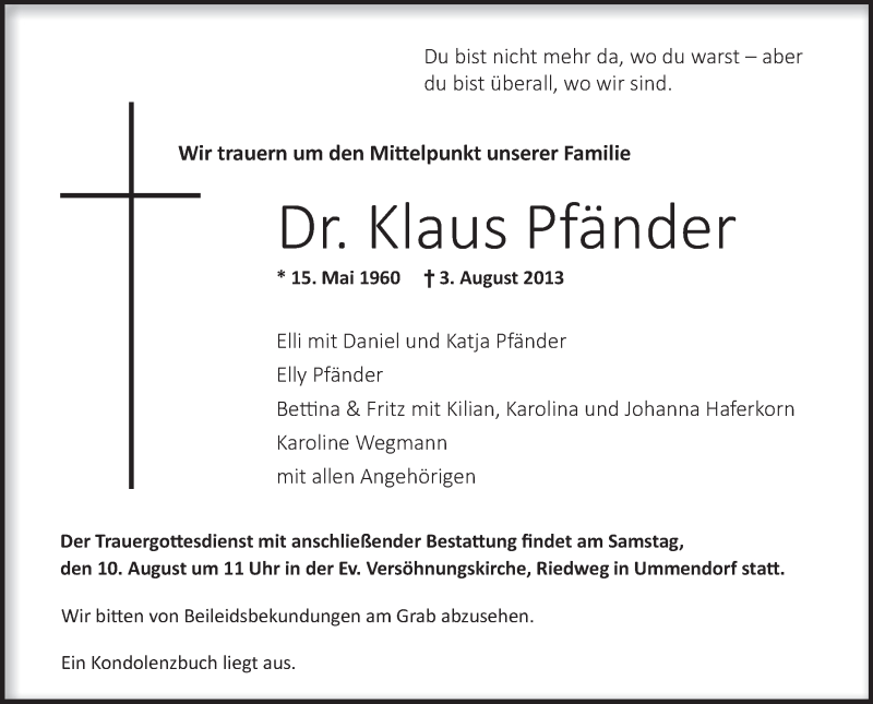  Traueranzeige für Klaus Pfänder vom 08.08.2013 aus Schwäbische Zeitung