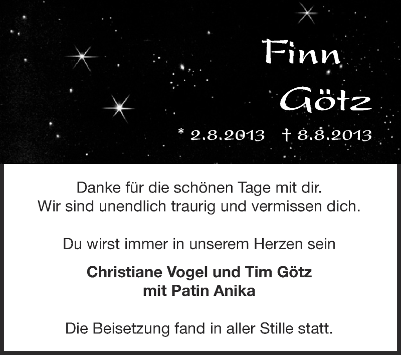  Traueranzeige für Finn Götz vom 12.08.2013 aus Schwäbische Zeitung