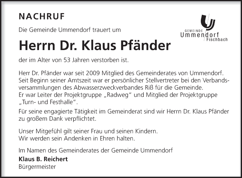  Traueranzeige für Klaus Pfänder vom 10.08.2013 aus Schwäbische Zeitung