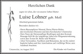 Anzeige von Luise Lohner von Schwäbische Zeitung