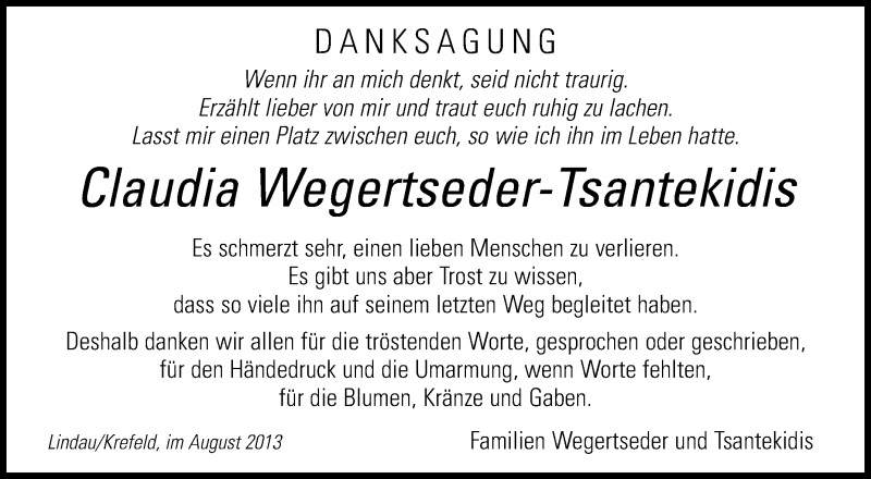  Traueranzeige für Claudia Wegertseder-Tsantekidis vom 17.08.2013 aus Schwäbische Zeitung