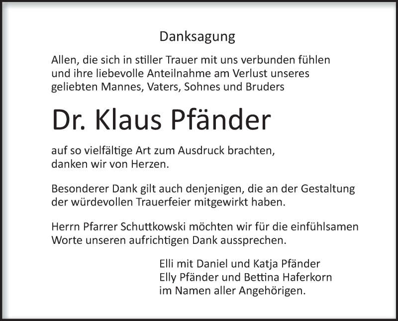  Traueranzeige für Klaus Pfänder vom 17.08.2013 aus Schwäbische Zeitung