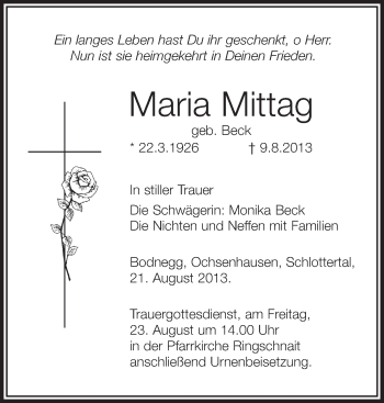 Anzeige von Maria Mittag von Schwäbische Zeitung