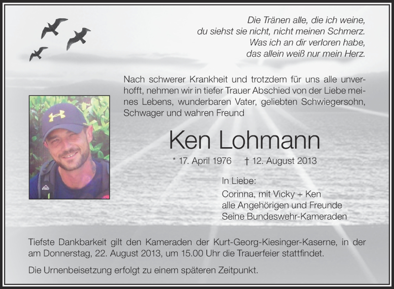  Traueranzeige für Ken Lohmann vom 20.08.2013 aus Schwäbische Zeitung