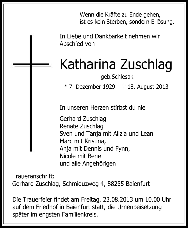 Traueranzeigen Von Katharina Zuschlag Schwaebische De Trauerportal My