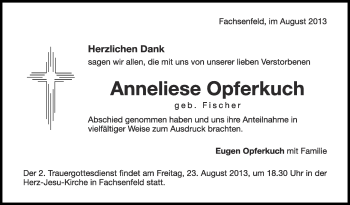Anzeige von Anneliese Opferkuch von Schwäbische Zeitung