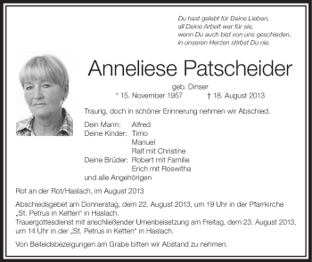 Anzeige von Anneliese Patscheider von Schwäbische Zeitung