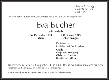 Anzeige von Eva Bucher von Schwäbische Zeitung