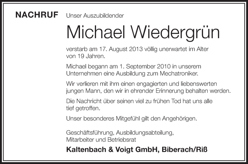  Traueranzeige für Michael Wiedergrün vom 24.08.2013 aus Schwäbische Zeitung