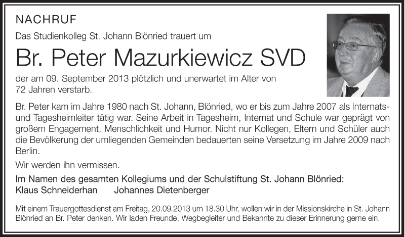 Traueranzeige für Peter Mazurkiewicz vom 14.09.2013 aus Schwäbische Zeitung