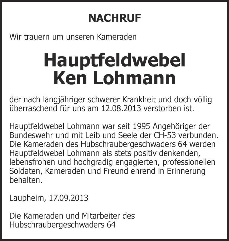  Traueranzeige für Ken Lohmann vom 17.09.2013 aus Schwäbische Zeitung