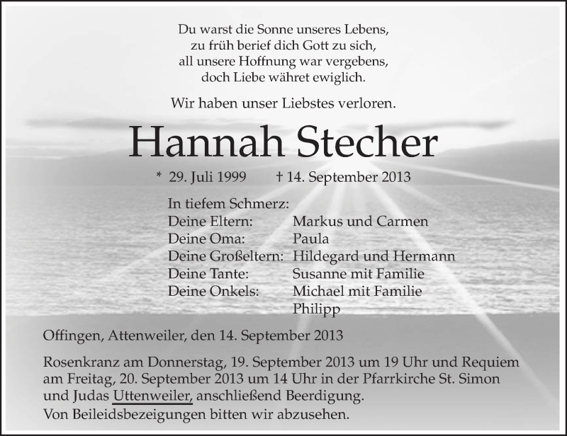  Traueranzeige für Hannah Stecher vom 18.09.2013 aus Schwäbische Zeitung