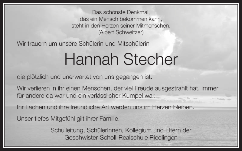  Traueranzeige für Hannah Stecher vom 20.09.2013 aus Schwäbische Zeitung