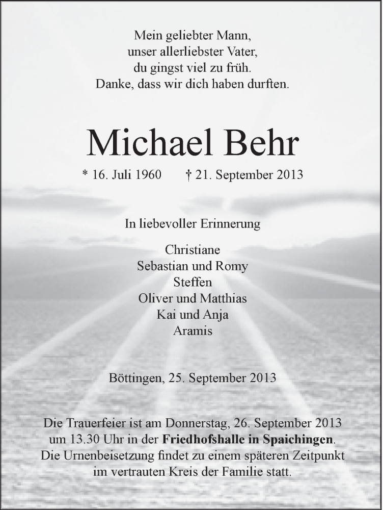  Traueranzeige für Michael Behr vom 25.09.2013 aus Schwäbische Zeitung