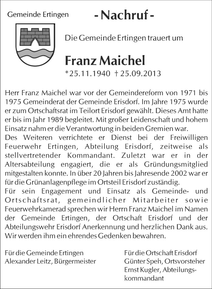  Traueranzeige für Franz Maichel vom 28.09.2013 aus Schwäbische Zeitung
