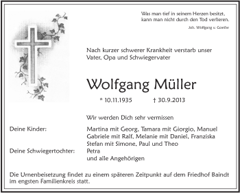 Anzeige von Wolfgang Müller von Schwäbische Zeitung