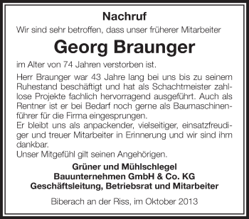 Anzeige von Georg Braunger von Schwäbische Zeitung