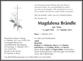 Anzeige von Magdalena Brändle von Schwäbische Zeitung