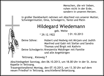 Anzeige von Hildegard Wiedemann von Schwäbische Zeitung