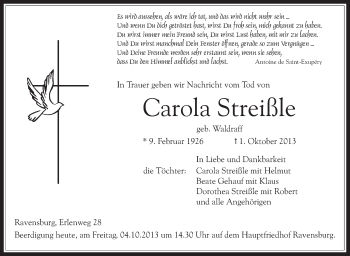 Anzeige von Carola Streißle von Schwäbische Zeitung