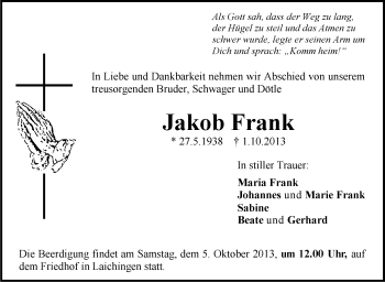 Anzeige von Jakob Frank von Schwäbische Zeitung