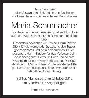 Anzeige von Maria Schumacher von Schwäbische Zeitung