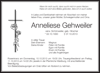 Traueranzeigen Von Annelise Gehweiler Schwaebische De Trauerportal