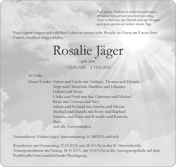 Anzeige von Rosalie Jäger von Schwäbische Zeitung