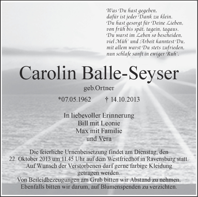  Traueranzeige für Carolin Balle-Seyser vom 19.10.2013 aus Schwäbische Zeitung