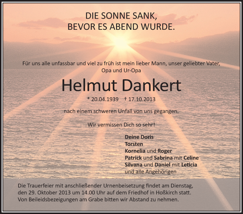  Traueranzeige für Helmut Dankert vom 26.10.2013 aus Schwäbische Zeitung