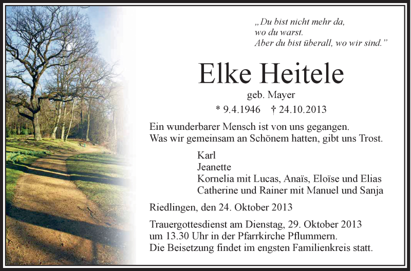  Traueranzeige für Elke Heitele vom 26.10.2013 aus Schwäbische Zeitung