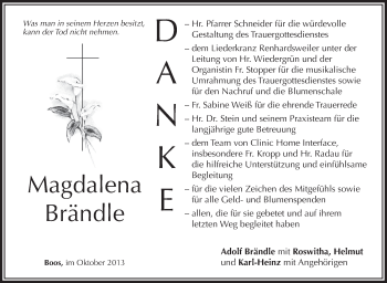 Anzeige von Magdalena Brändle von Schwäbische Zeitung