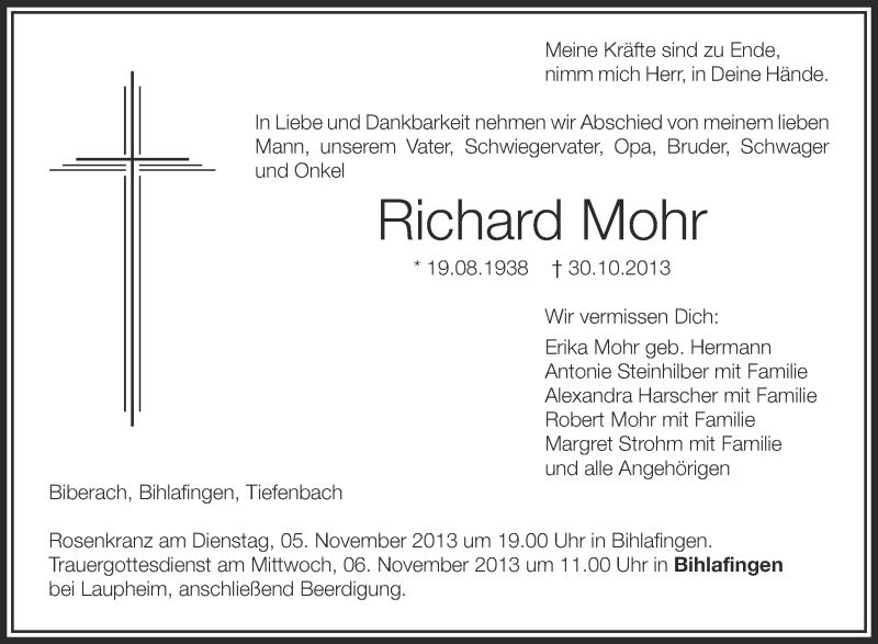  Traueranzeige für Richard Mohr vom 02.11.2013 aus Schwäbische Zeitung