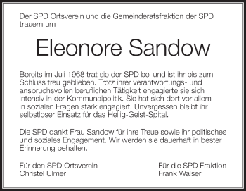 Anzeige von Eleonore Sandow von Schwäbische Zeitung