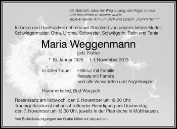 Anzeige von Maria Weggenmann von Schwäbische Zeitung
