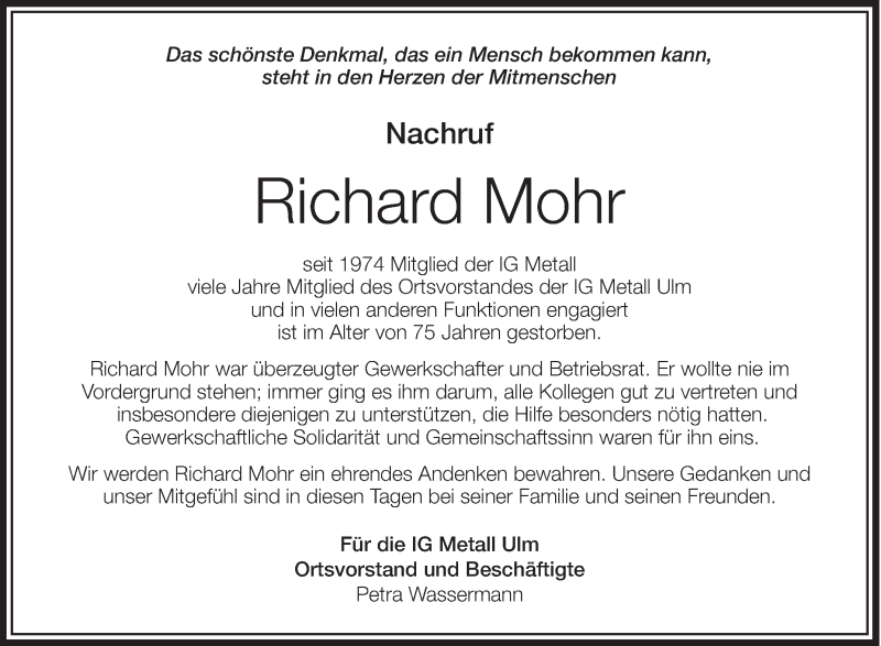  Traueranzeige für Richard Mohr vom 06.11.2013 aus Schwäbische Zeitung