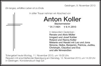 Anzeige von Anton Koller von Schwäbische Zeitung