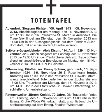 Anzeige von Totentafel vom 16.11.2013 von Schwäbische Zeitung
