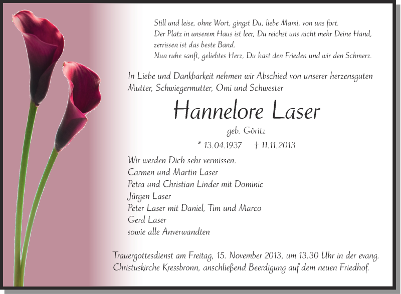  Traueranzeige für Hannelore Laser vom 13.11.2013 aus Schwäbische Zeitung