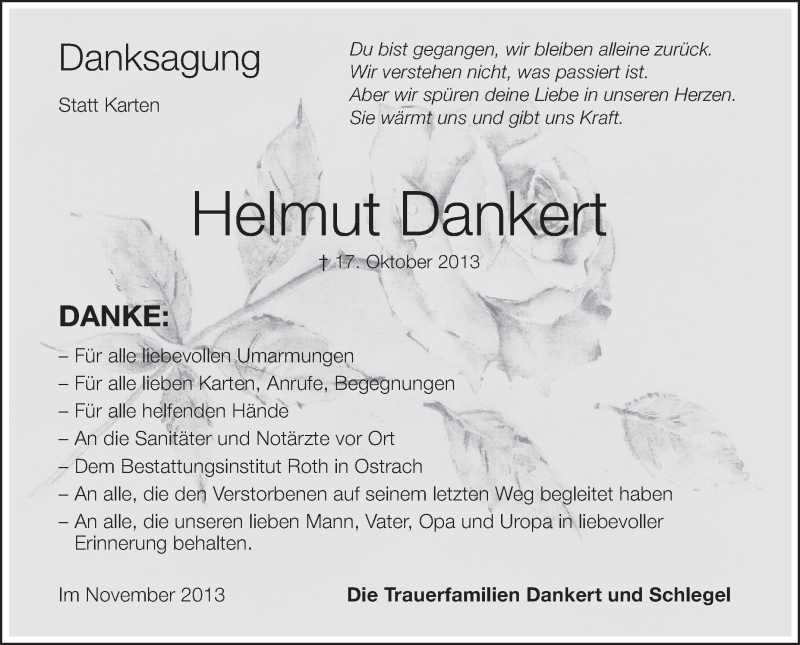  Traueranzeige für Helmut Dankert vom 16.11.2013 aus Schwäbische Zeitung