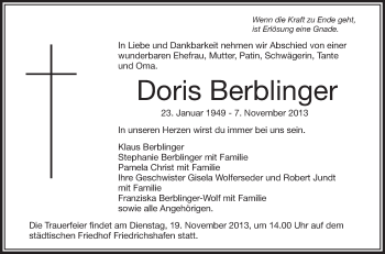 Anzeige von Doris Berblinger von Schwäbische Zeitung