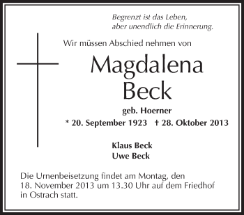 Anzeige von Magdalena Beck von Schwäbische Zeitung